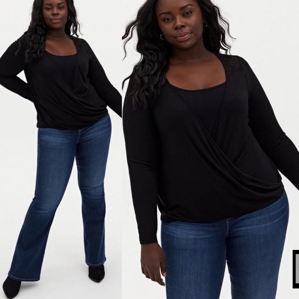 Torrid Knit Rayon Span Surplice Lace Back Long Sleeve Top 2X Black